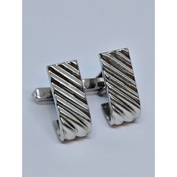 Swank Sterling Silver Cufflinks Curved Rectangular Ribbed Pattern Signed 13.3g - Picture 1 of 8